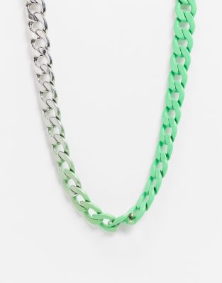 ASOS DESIGN necklace in neon green spray curb chain in silver tone