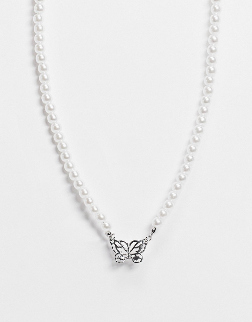 ASOS DESIGN necklace in pearl with butterfly pendant in silver tone