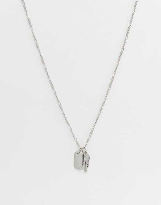 ASOS DESIGN necklace in silver tone with dog tag and key charms