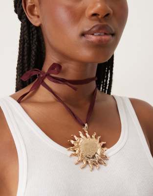 Asos Design Necklace On Burgundy Ribbon Cord With Large Sun Pendant