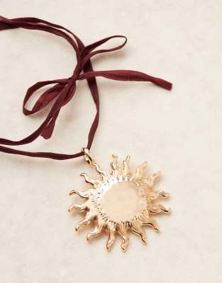 Asos Design Necklace On Burgundy Ribbon Cord With Large Sun Pendant