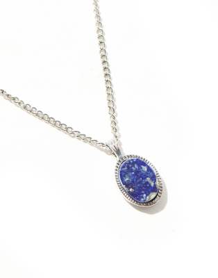 Asos Design Necklace With Blue Lapis Semi-precious Oval Pendant In Silver Tone In Metallic