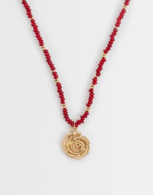 Asos Design Necklace With Burgundy Beads And Shell Pendant In Red