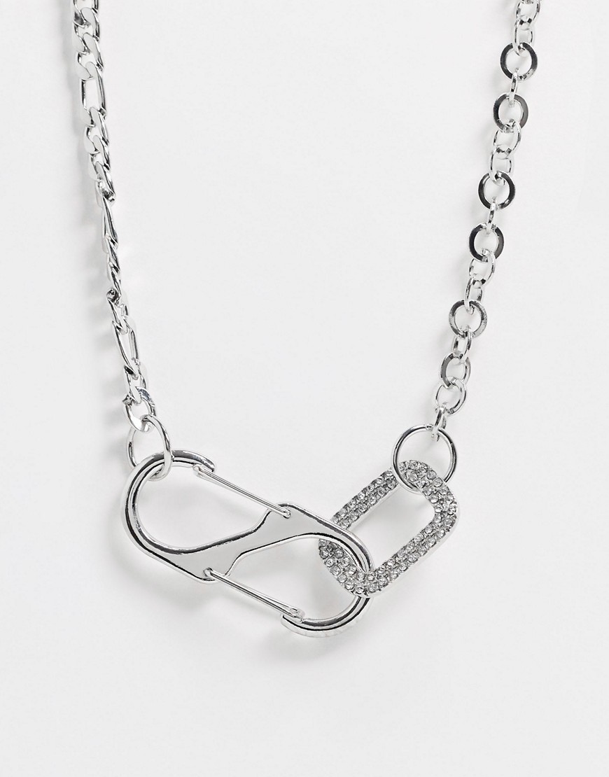 ASOS DESIGN necklace with clasp pendant and crystal link in silver tone