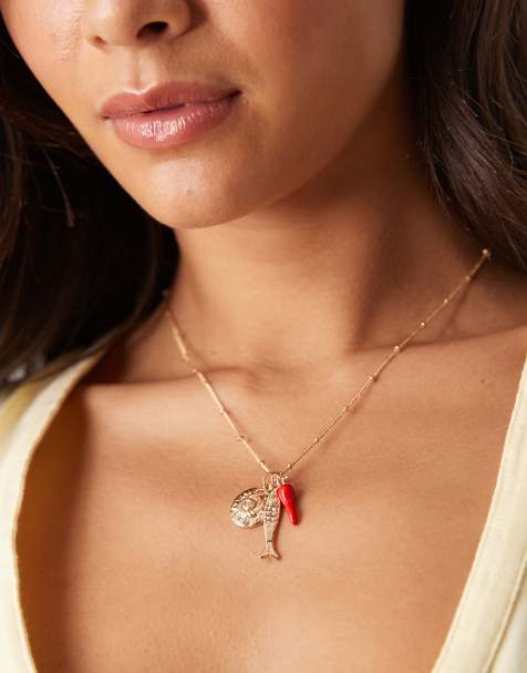 ASOS DESIGN necklace with coin and fish charms in gold tone - view 1