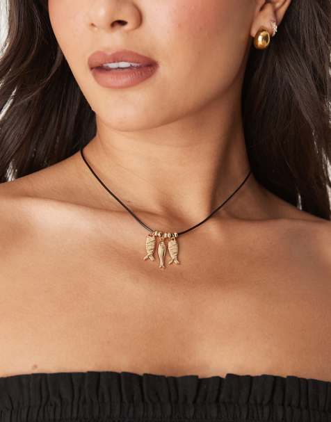 ASOS DESIGN necklace with cord and fish charms in gold tone - view 1