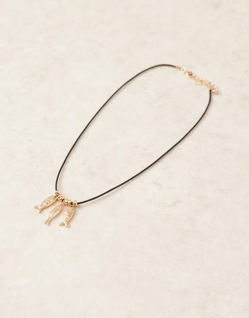 ASOS DESIGN necklace with cord and fish charms in gold tone