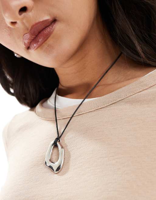  ASOS DESIGN necklace with cord and molten pendant in silver tone