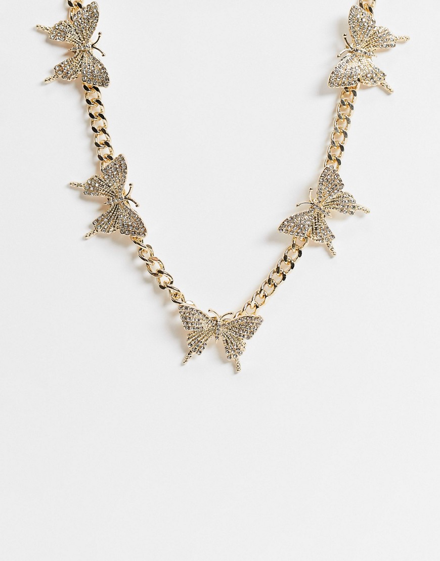 ASOS DESIGN necklace with crystal butterflies in gold tone
