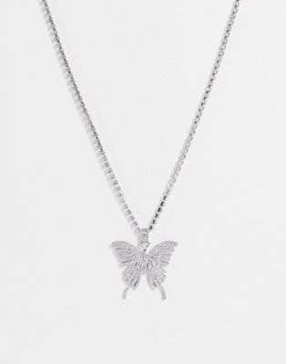 ASOS DESIGN necklace with crystal butterfly pendant and chain in silver tone