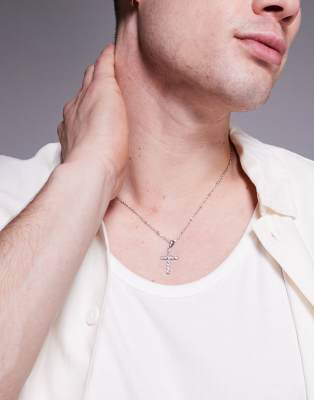 Asos Design Waterproof Stainless Steel Chain Necklace With Crystal Cross Pendant In Silver