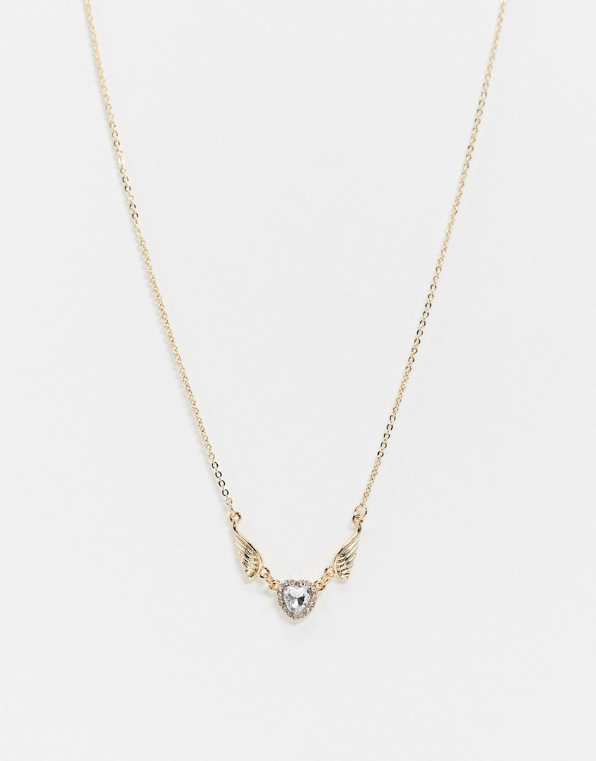 ASOS DESIGN necklace with crystal heart and angel wings in gold tone
