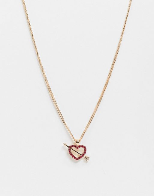 ASOS DESIGN necklace with crystal heart and arrow pendant in gold tone ...