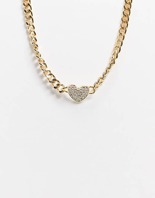 ASOS DESIGN necklace with crystal heart and curb chain in gold tone