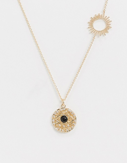 ASOS DESIGN necklace with eye and sun pendants in gold tone
