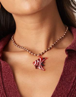 Asos Design Necklace With Faux Beads And Acrylic Fish Pendant In Red
