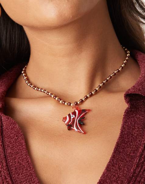ASOS DESIGN necklace with faux beads and acrylic fish pendant in red - view 1