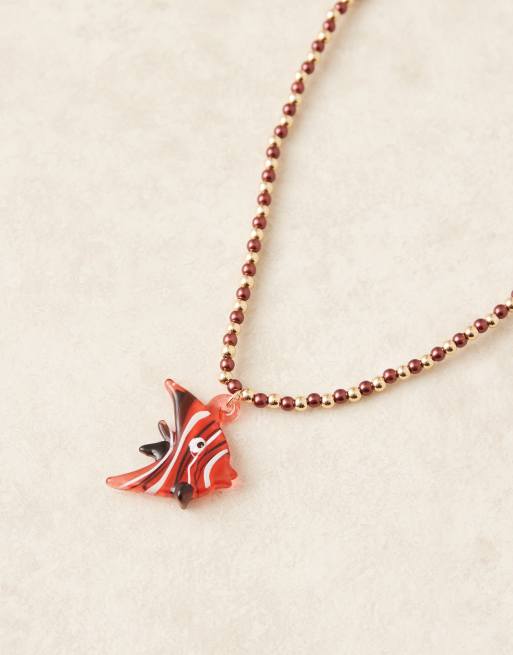 ASOS DESIGN necklace with faux beads and acrylic fish pendant in red, 3 of 3