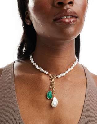 ASOS DESIGN necklace with faux freshwater pearl and malachite style charm in gold tone