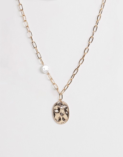 ASOS DESIGN necklace with faux freshwater pearl and worn coin pendant in gold tone