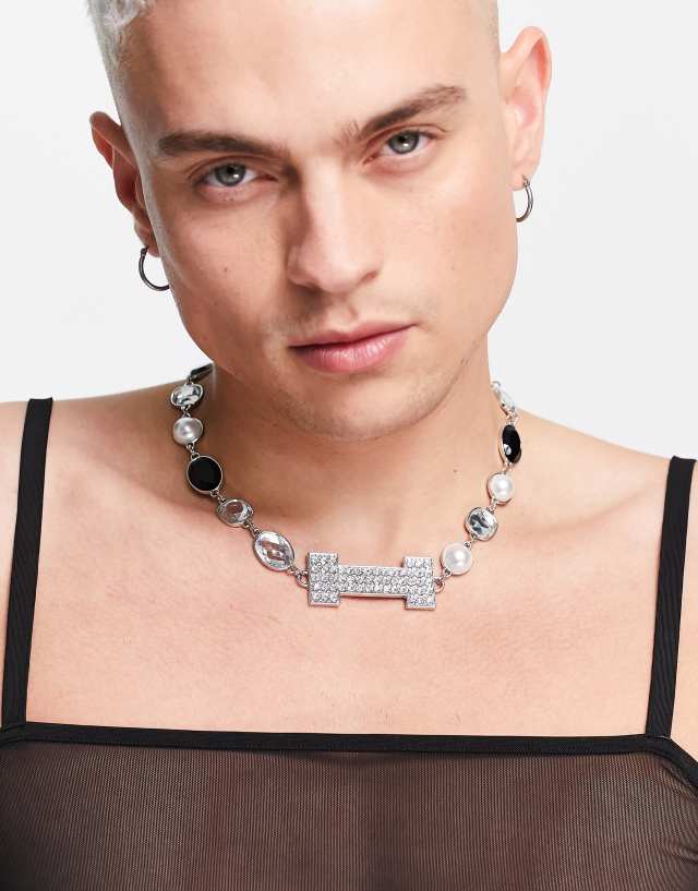 ASOS DESIGN necklace with faux pearl and crystals