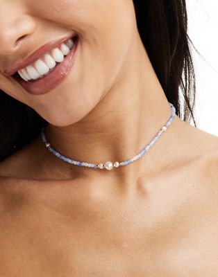Asos Design Necklace With Faux Pearl And Faceted Bead Design In Blue Tone