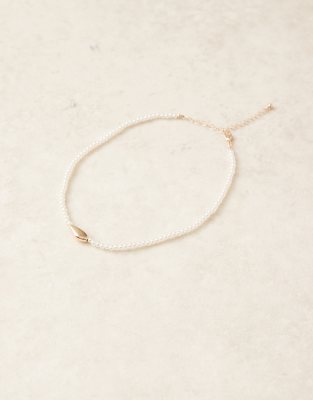 Asos Design Necklace With Faux Pearl And Molten Pendant In Gold