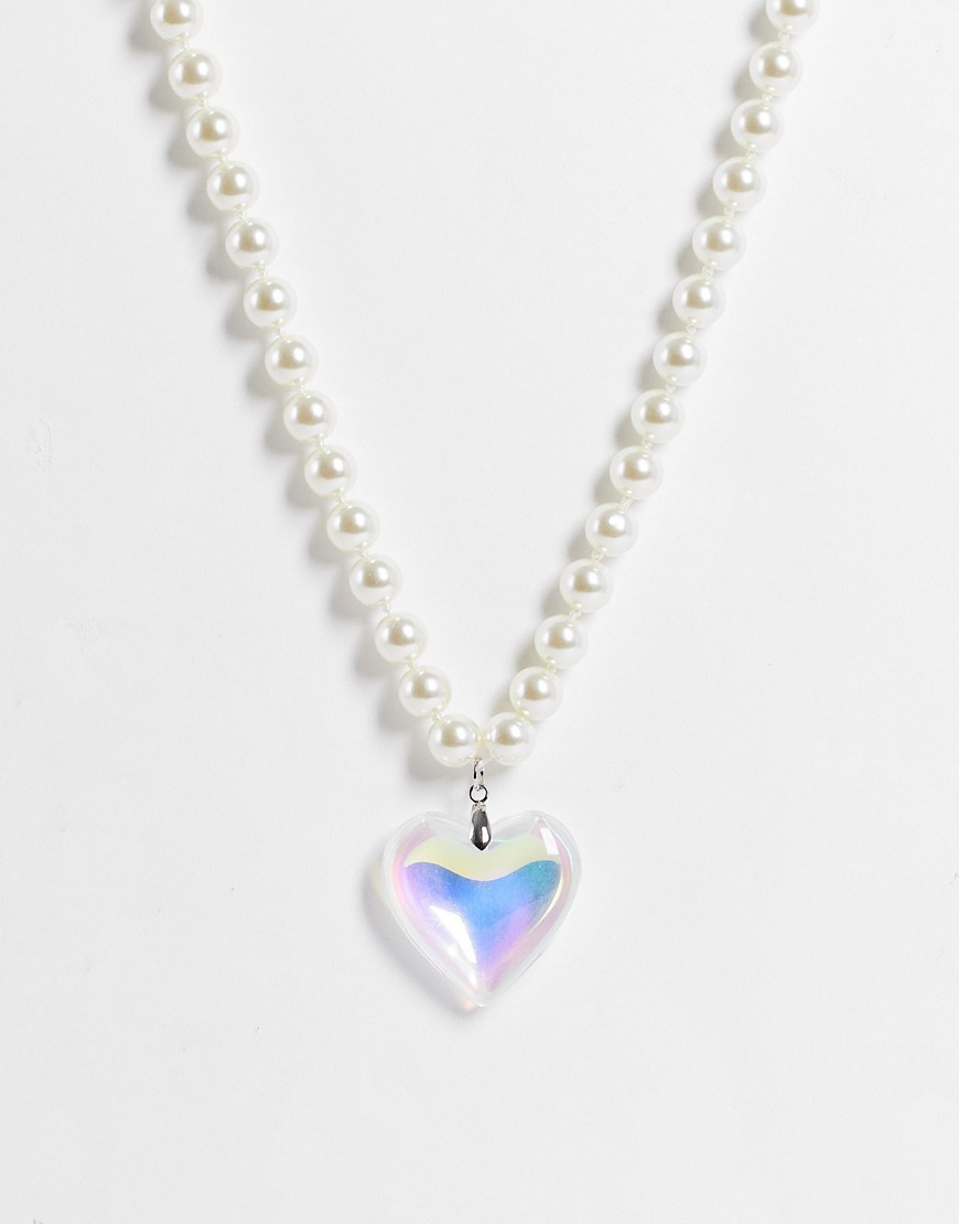 ASOS DESIGN necklace with faux pearl and plastic puff heart pendant-Multi