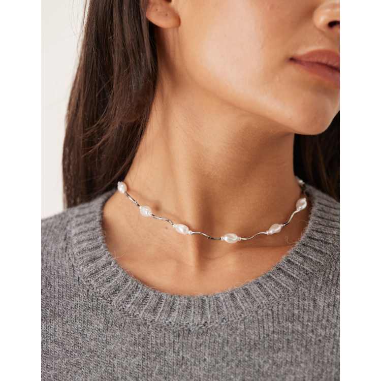 ASOS DESIGN necklace with faux pearl detailing in silver tone | ASOS
