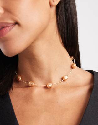 Asos Design Necklace With Faux Pearl In Neutral