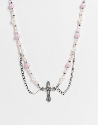 ASOS DESIGN necklace with faux pearl with cross and chains in silver tone