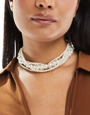 ASOS DESIGN ASOS DESIGN necklace with glass pearl with multirow design-White