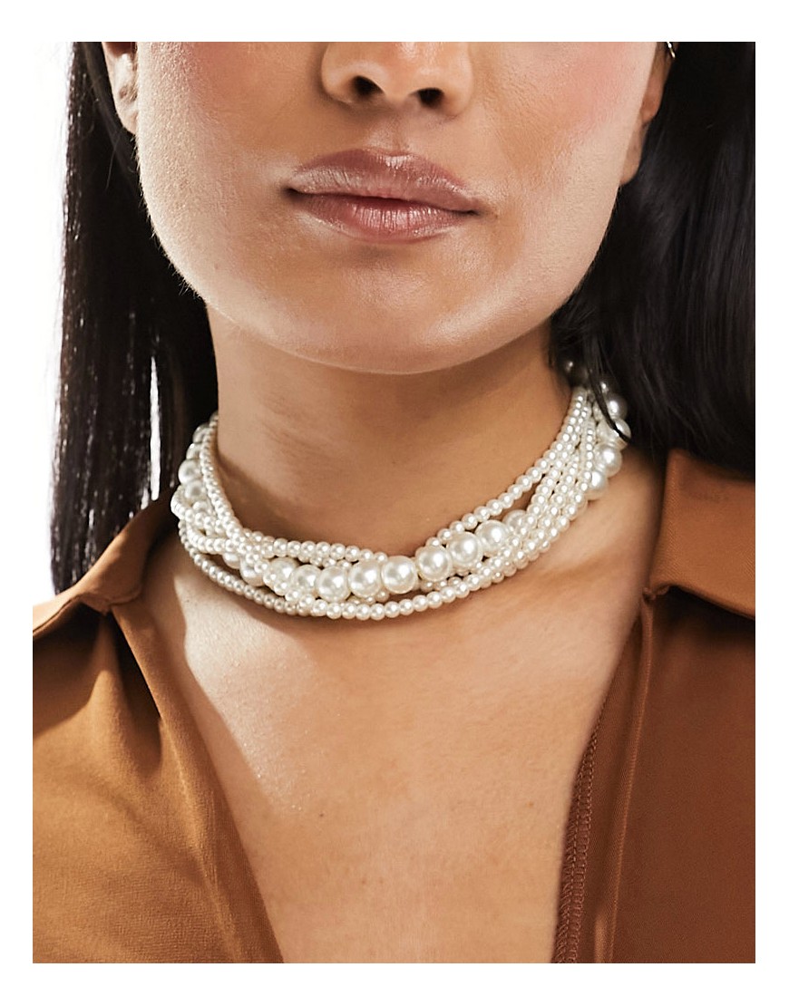 ASOS DESIGN necklace with glass pearl with multirow design-White
