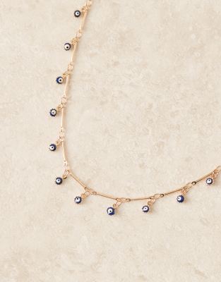 Asos Design Necklace With Gold-tone Dot-dash Chain And Blue Eye Details