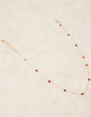 Asos Design Necklace With Gold Tone Fine Chain And Red Semi-precious Stone Hearts