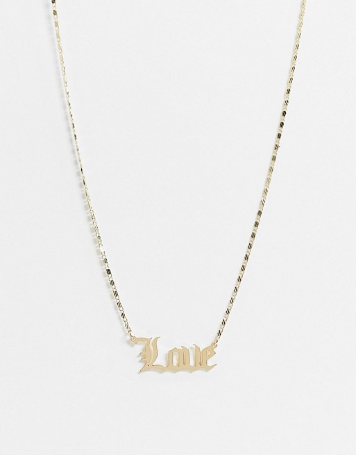 ASOS DESIGN necklace with gothic font love pendant in gold tone