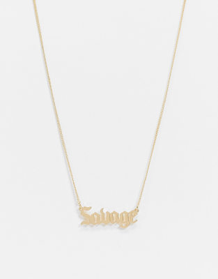 Asos Design Necklace With Gothic Font Savage Pendant In Gold Tone