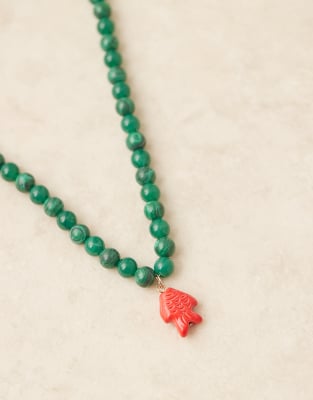 Asos Design Necklace With Green Faux Semi-precious Beads And Red Fish Charm