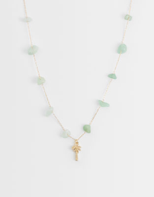Asos Design Necklace With Green Semi-precious Chippings And Palm Tree Pendant In Multi