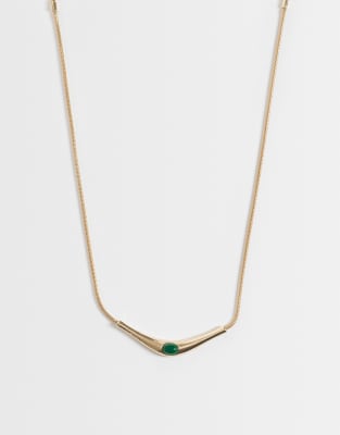 Asos Design Necklace With Green Stone Setting In Gold