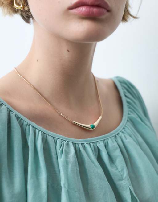 ASOS DESIGN necklace with green stone setting in gold tone, 2 of 6