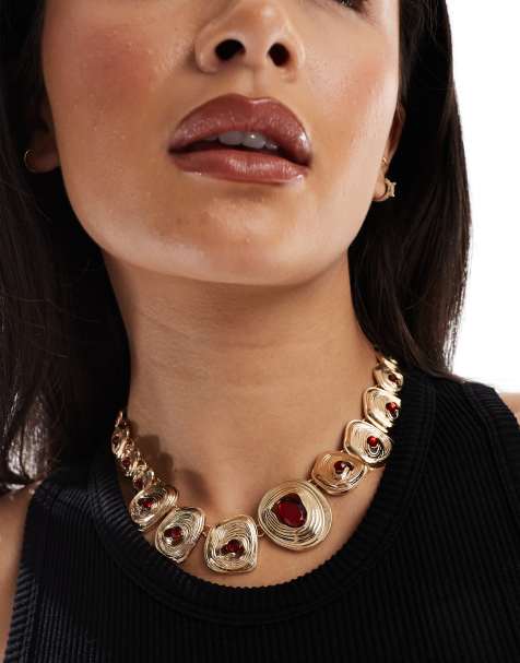 ASOS DESIGN necklace with hammered coin and semi precious look detail in gold tone - view 1