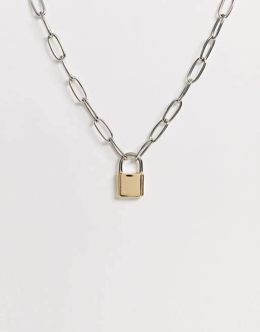 ASOS DESIGN necklace with hardware chain and gold padlock in silver