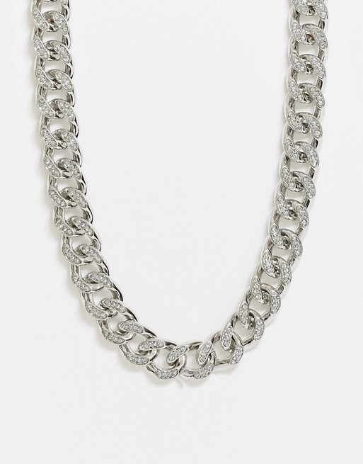 ASOS DESIGN necklace with iced crystal curb chain in silver tone