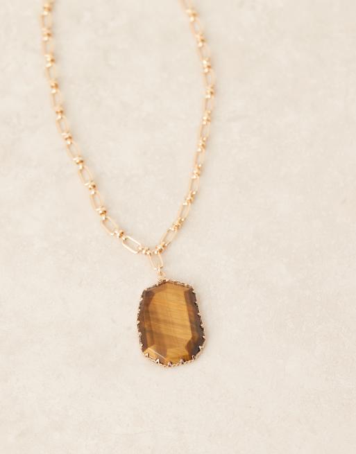 ASOS DESIGN necklace with large tigers eye pendant in gold tone