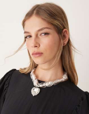 Asos Design Necklace With Mixed Faux Pearl Organza And Heart Crystal Detail In Silver Tone
