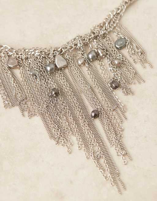 ASOS DESIGN necklace with mixed pearl and chain detail in silver tone, 2 of 3