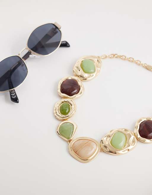 ASOS DESIGN necklace with molten resin stone-settings in gold tone, 2 of 4