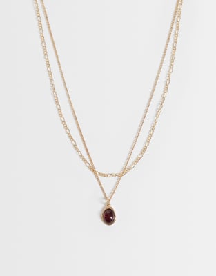 Asos Design Necklace With Multi-row Burgundy Pendant In Gold