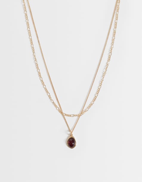 ASOS DESIGN necklace with multi-row burgundy pendant in gold tone - view 1